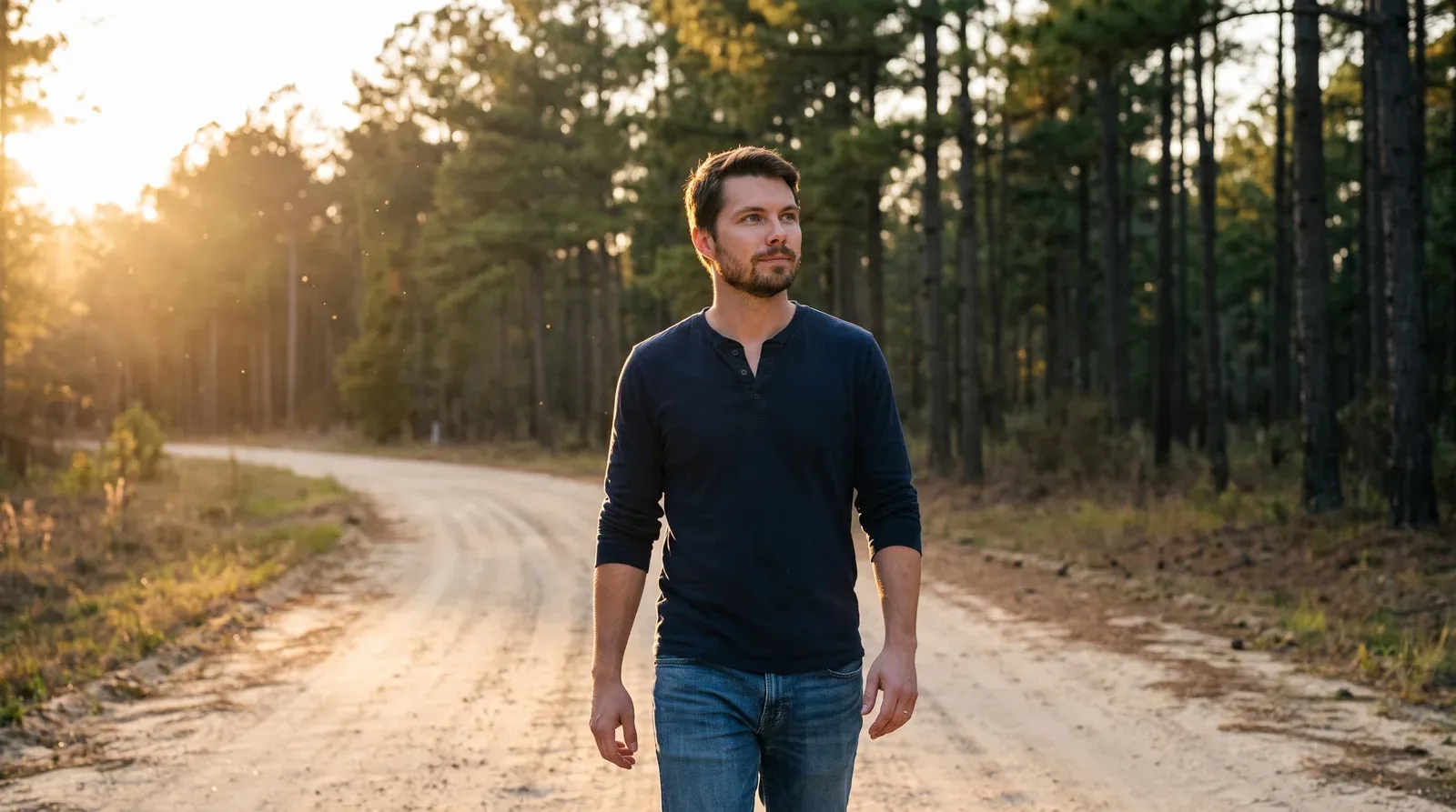 Harry Asnien walking a sandy road through pine timber in low golden-hour light